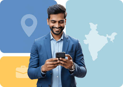 Eligibility - Professional man with mobile phone and India map background